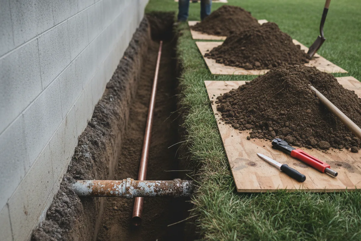 Excavated water line trench during Water Softener Installation in Due West